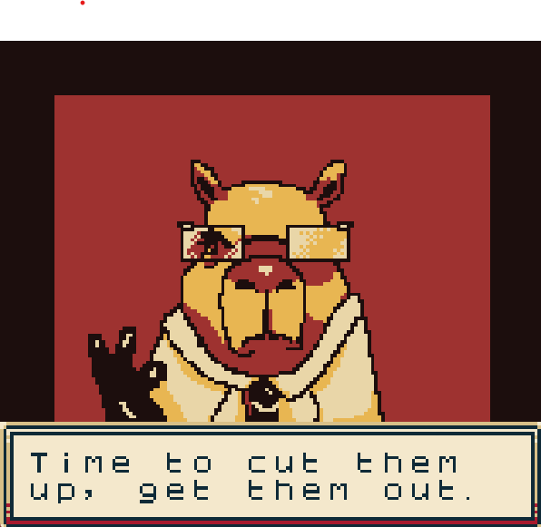 Pixel art dog with glasses and a hoodie, with a small black cat, and text about cutting them up. Word count: 20.