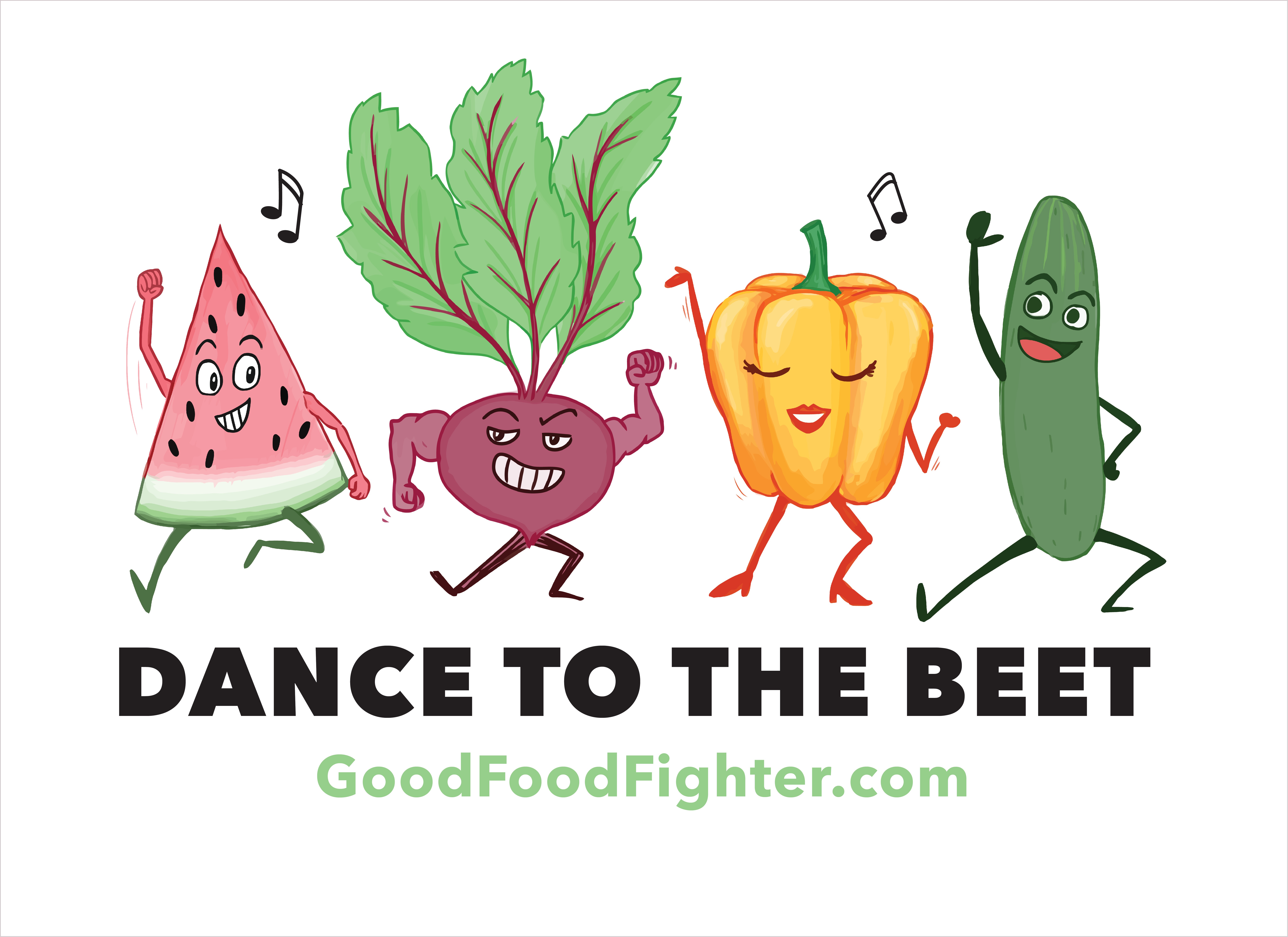 Four animated fruits and vegetables dancing, including watermelon, beet, bell pepper, and cucumber, with musical notes above them.