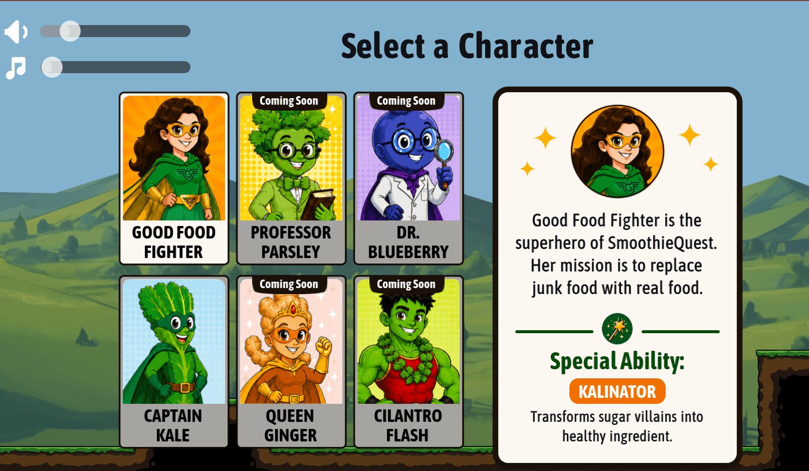 Screen showing character selection with six characters, some labeled 'Coming Soon,' and a description of a character's special ability.