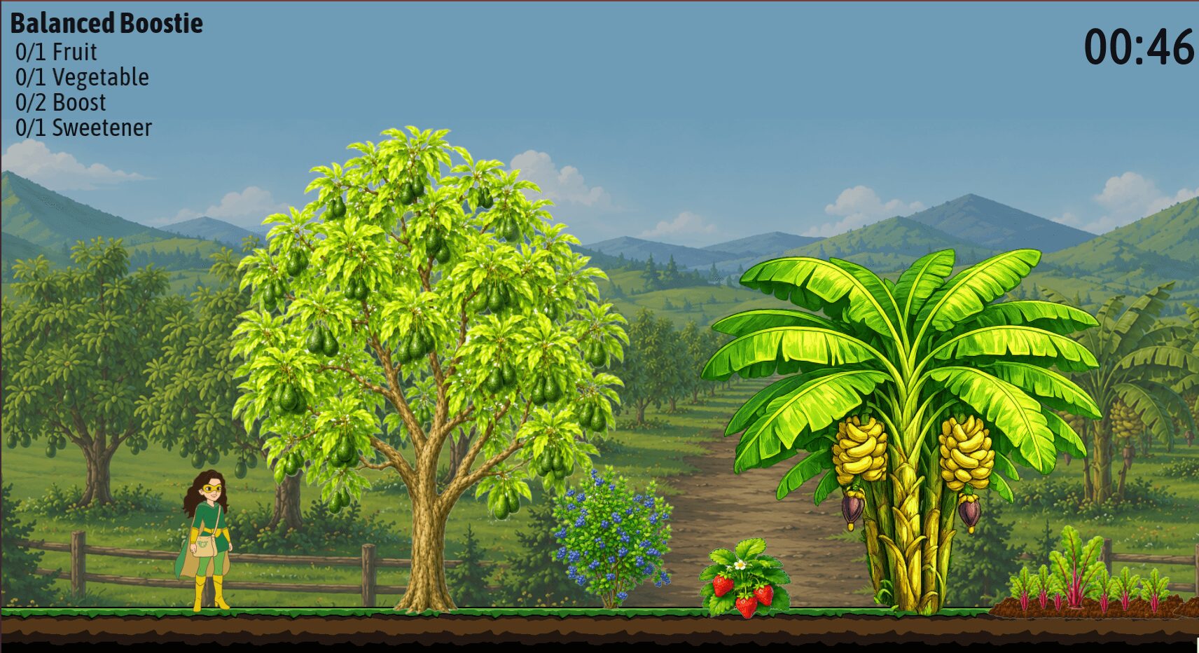 Scene with a girl standing near trees and banana plants in a lush landscape, with mountains in the background.
