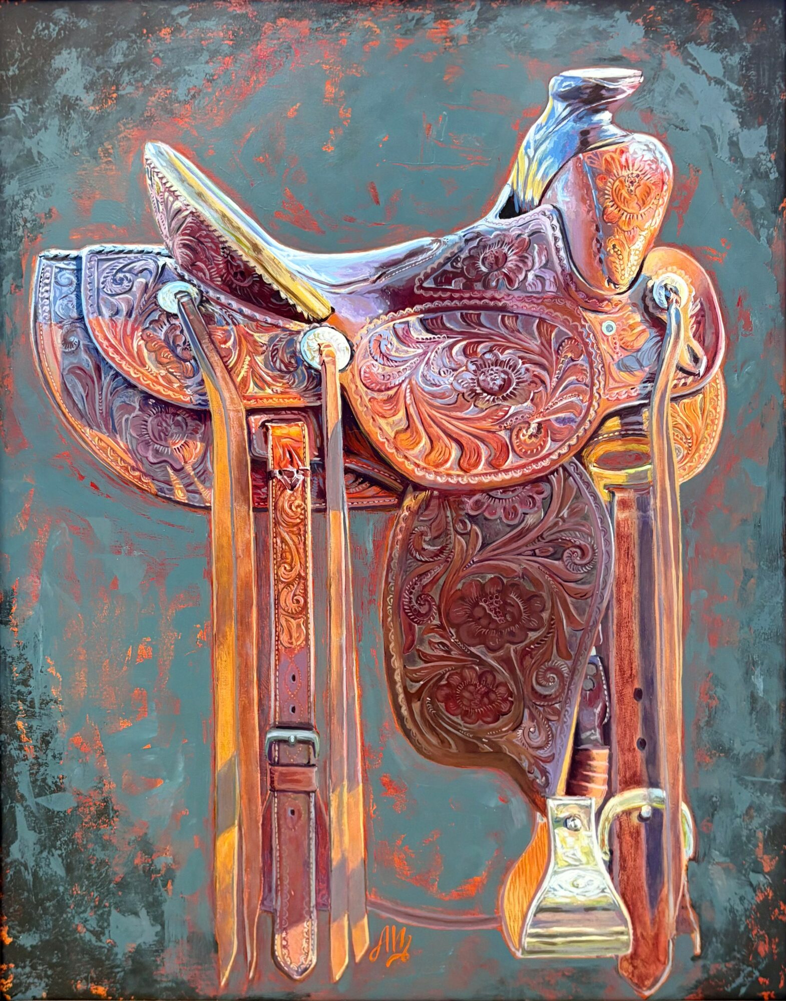 Colorful saddle with straps and stirrups on a reflective surface, against a textured background.