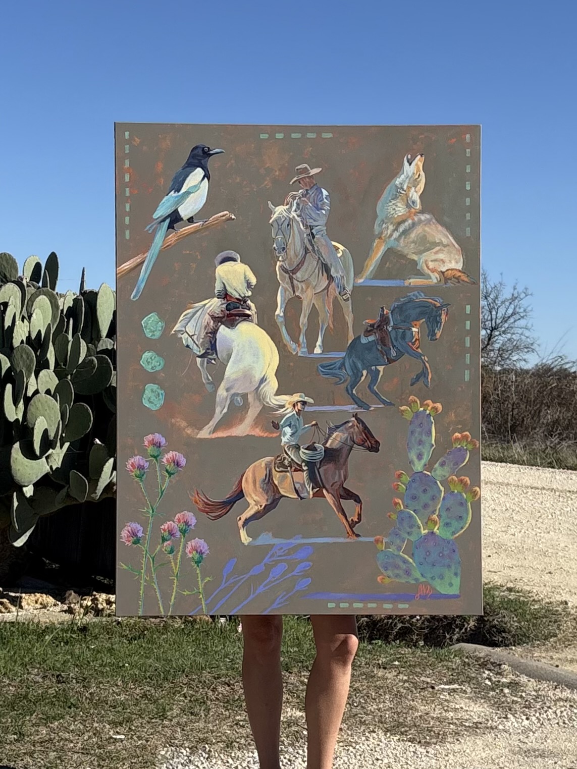 Colorful painting of various animals, including birds, horses, and a dog, with flowers and abstract elements, outdoors on a sunny day.