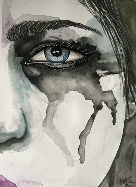 Close-up of a woman's eye with watercolor-style black and gray tears streaming down her face.