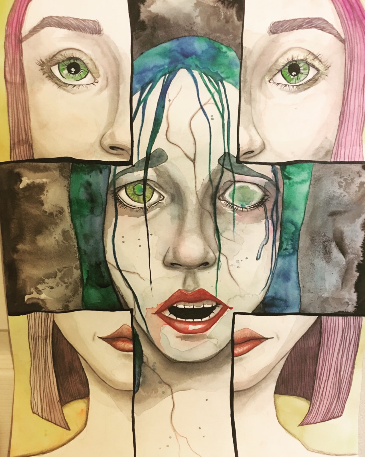 A collage of watercolor portraits of women with different hair colors and green eyes, with a central face showing tears and red lips.