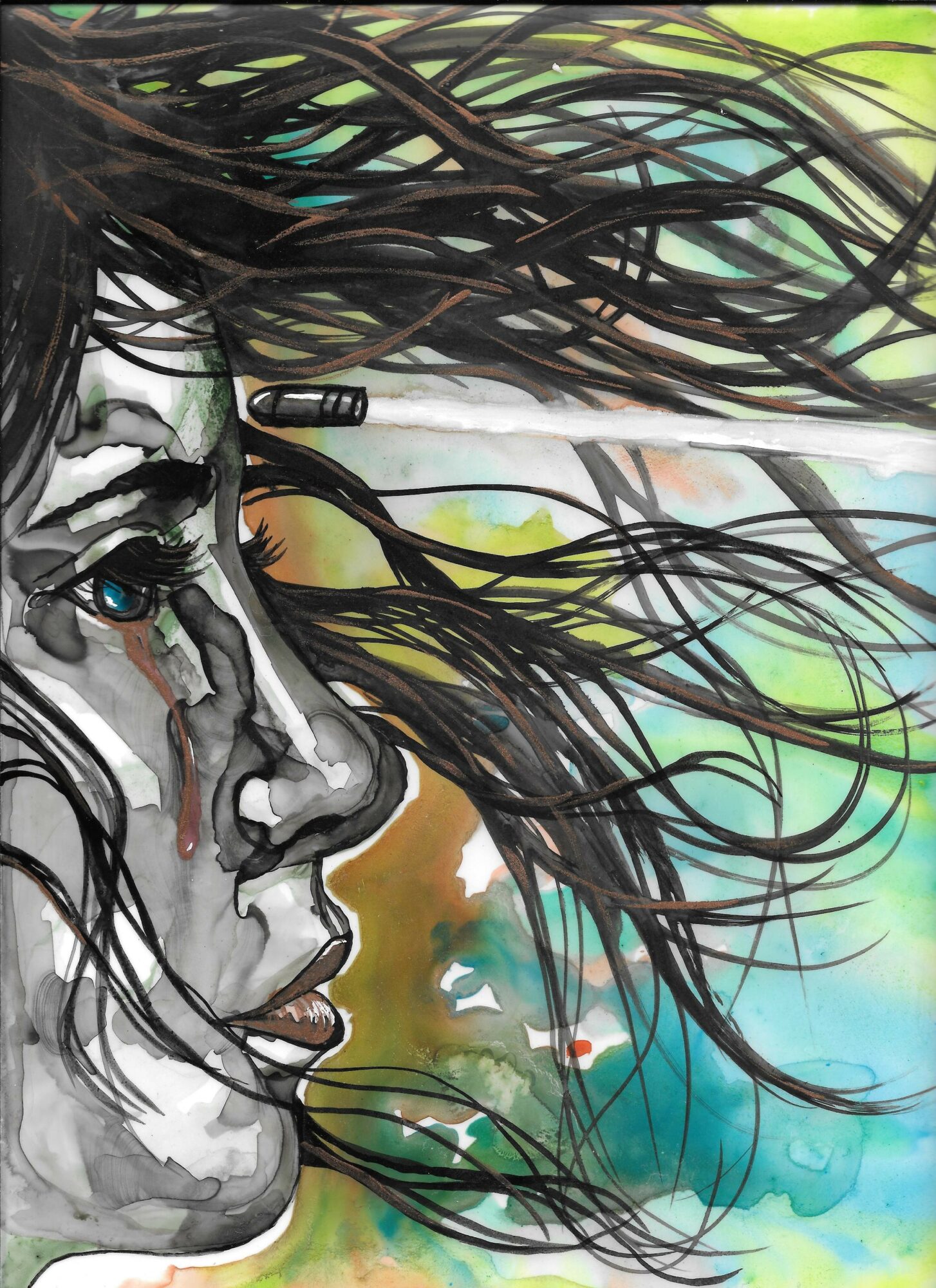 Close-up of a woman's face with flowing hair, painted in black, white, and colorful background, showing her profile.