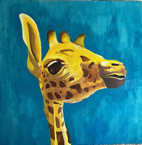 Painting of a giraffe's head and neck against a blue background, with detailed features and spots.