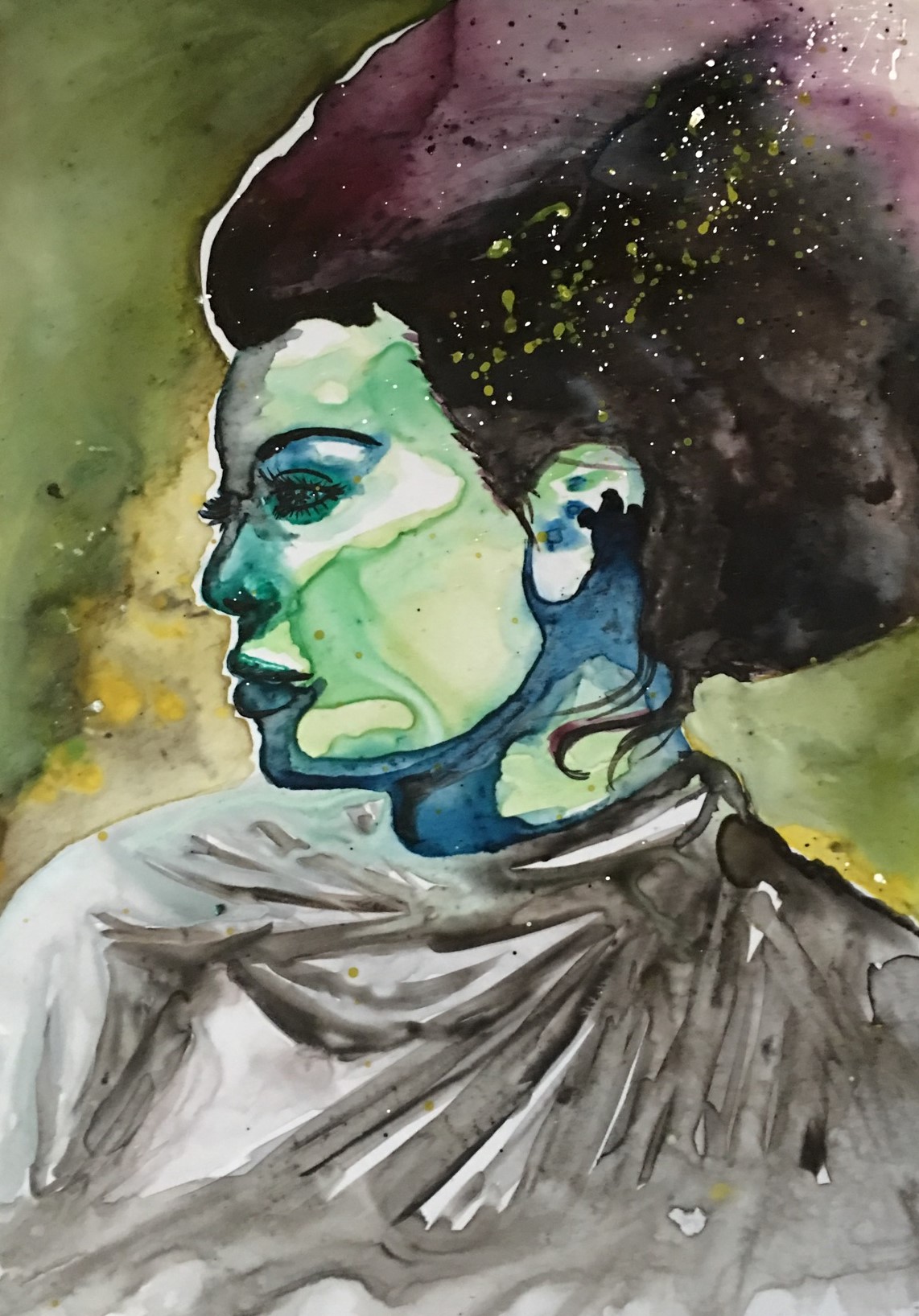 Side profile of a woman with green and blue skin, dark hair, and a gray garment, against a green and purple background.