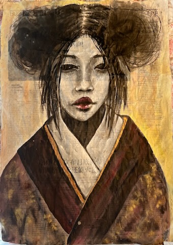 Portrait of a woman with traditional hairstyle and clothing, in a watercolor style, with a neutral background.