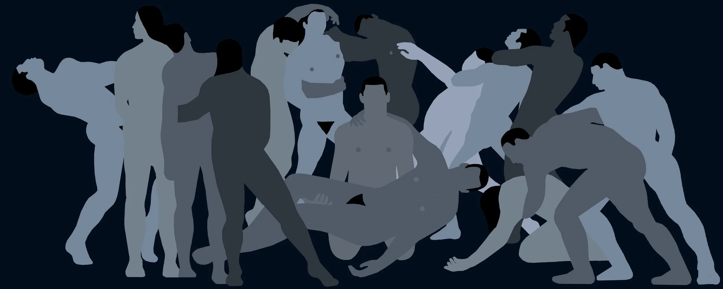 Silhouettes of multiple people in various poses against a dark background.