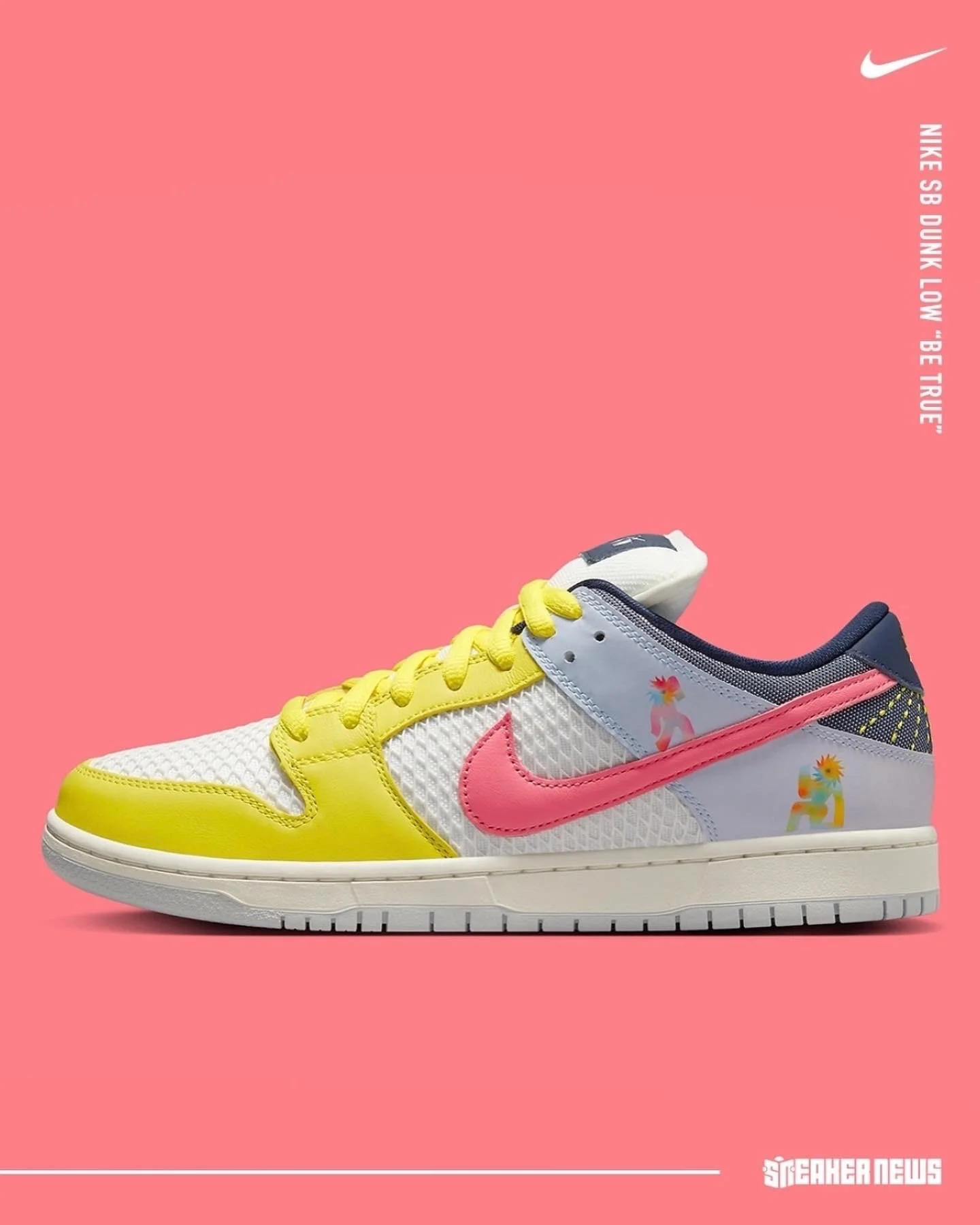 Side view of a colorful Nike sneaker with pink, yellow, white, and navy blue elements on a pink background.