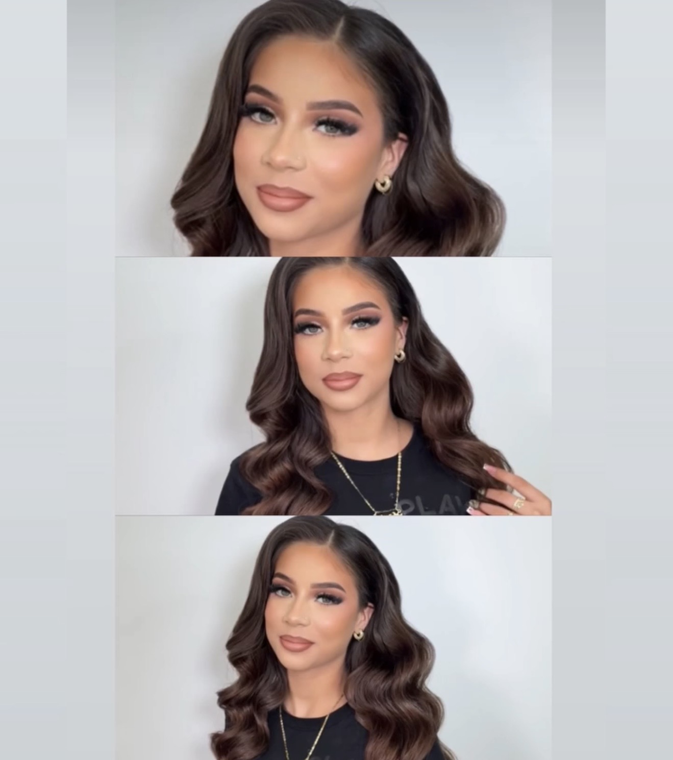 Three women with wavy hair and makeup, posing against a plain background, wearing different outfits and jewelry.