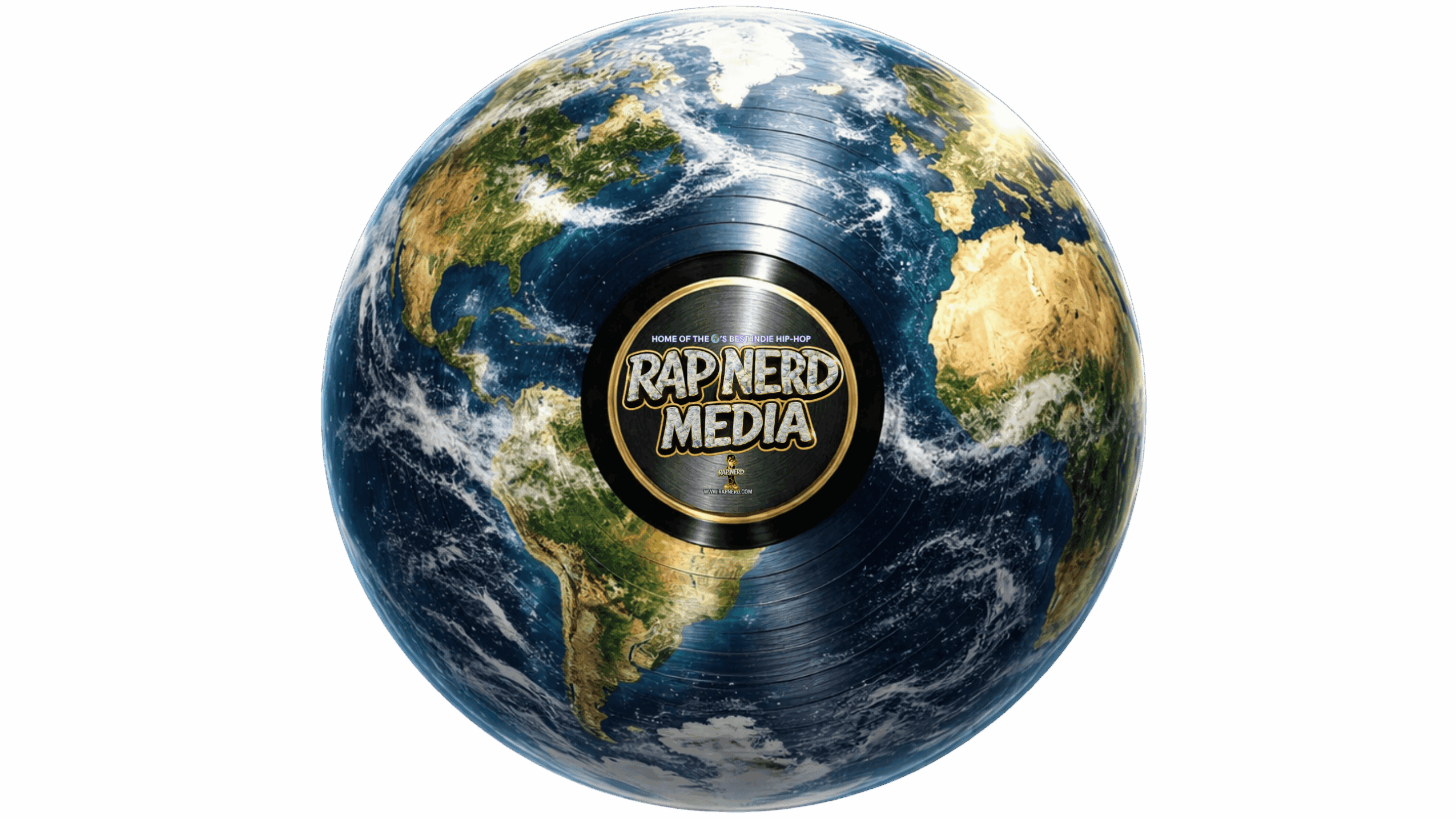 Earth with a logo in the center reading 'Rap Nerd Media' on a black background.