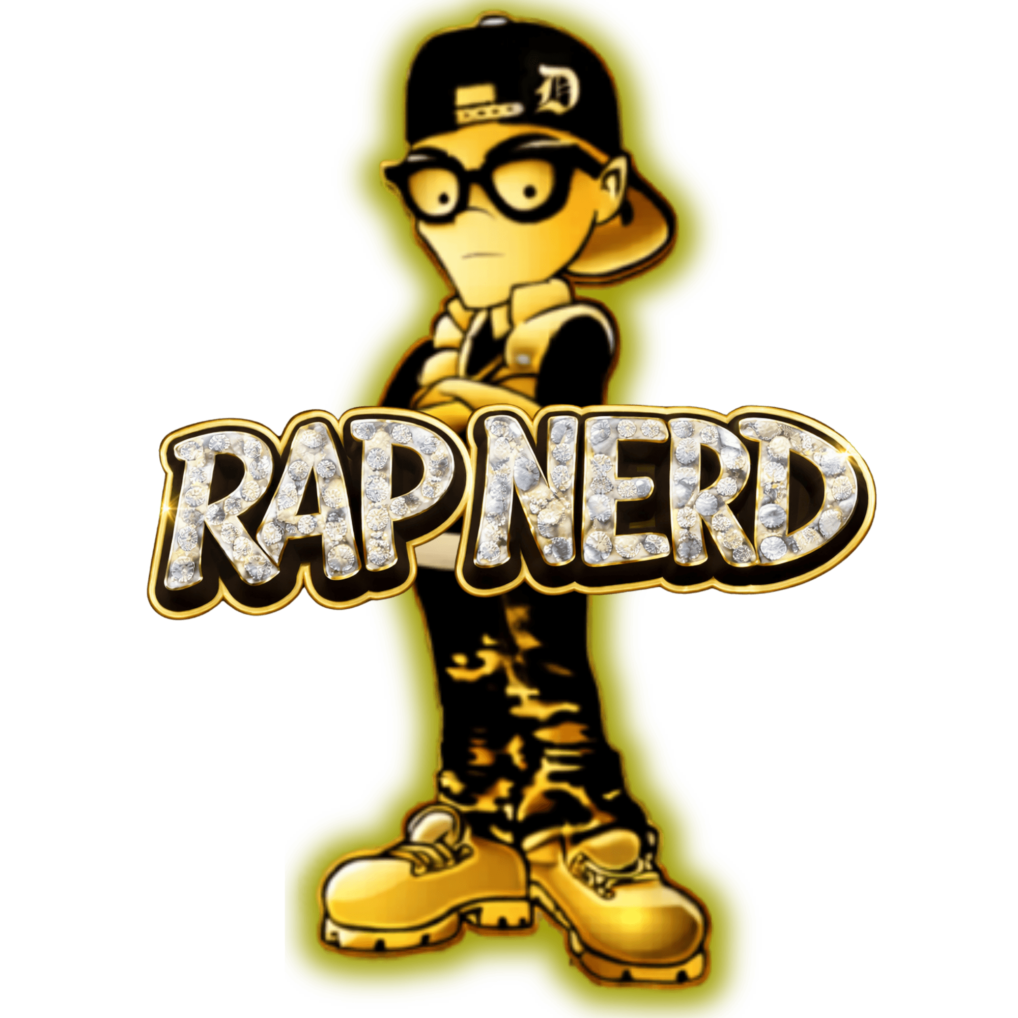 Cartoon character with glasses, cap, and sneakers, standing with arms crossed, with 'RAP NERD' text below, glowing outline, black background.