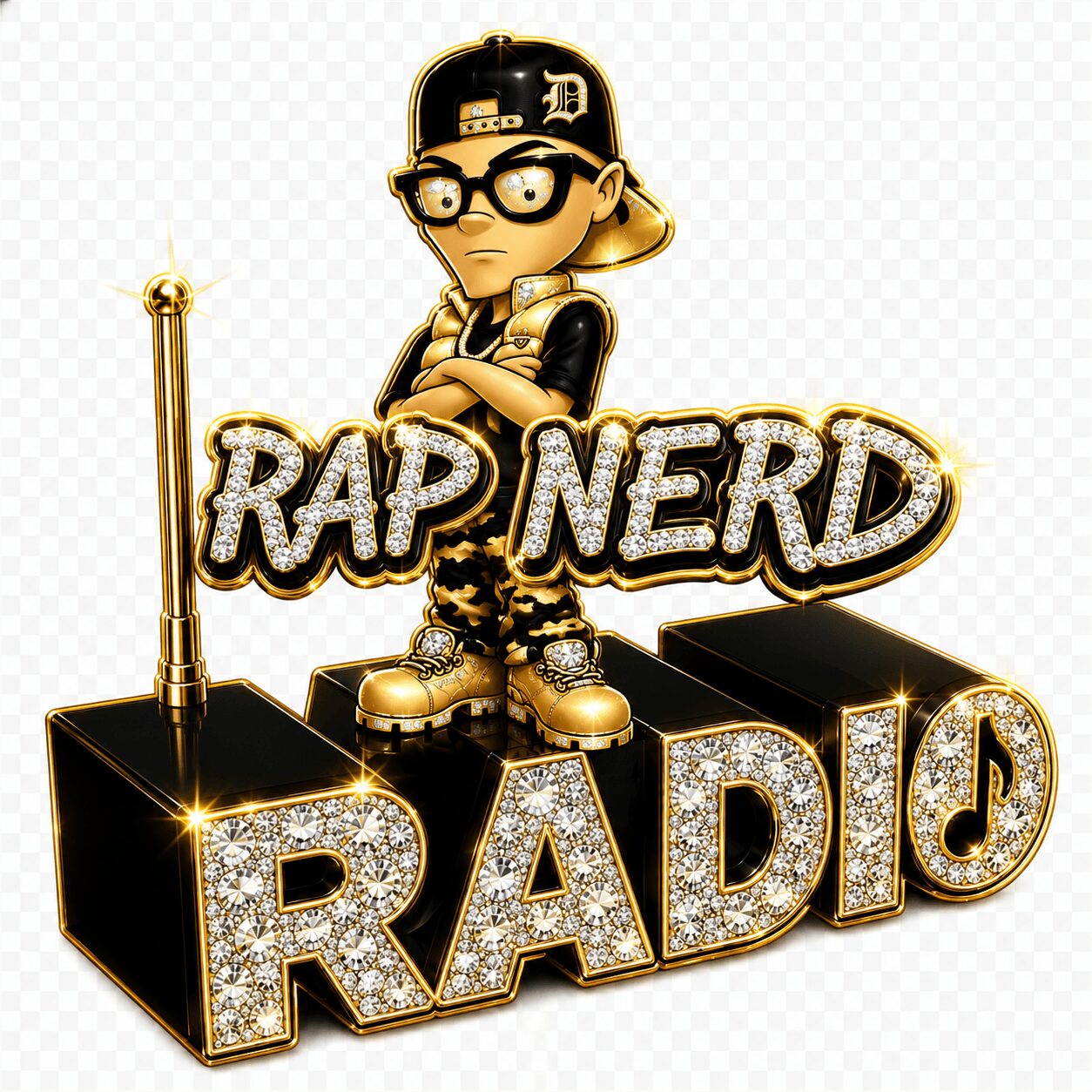 Cartoon character with glasses and cap standing on a platform with 'RAP NERD RADIO' in glittery letters.
