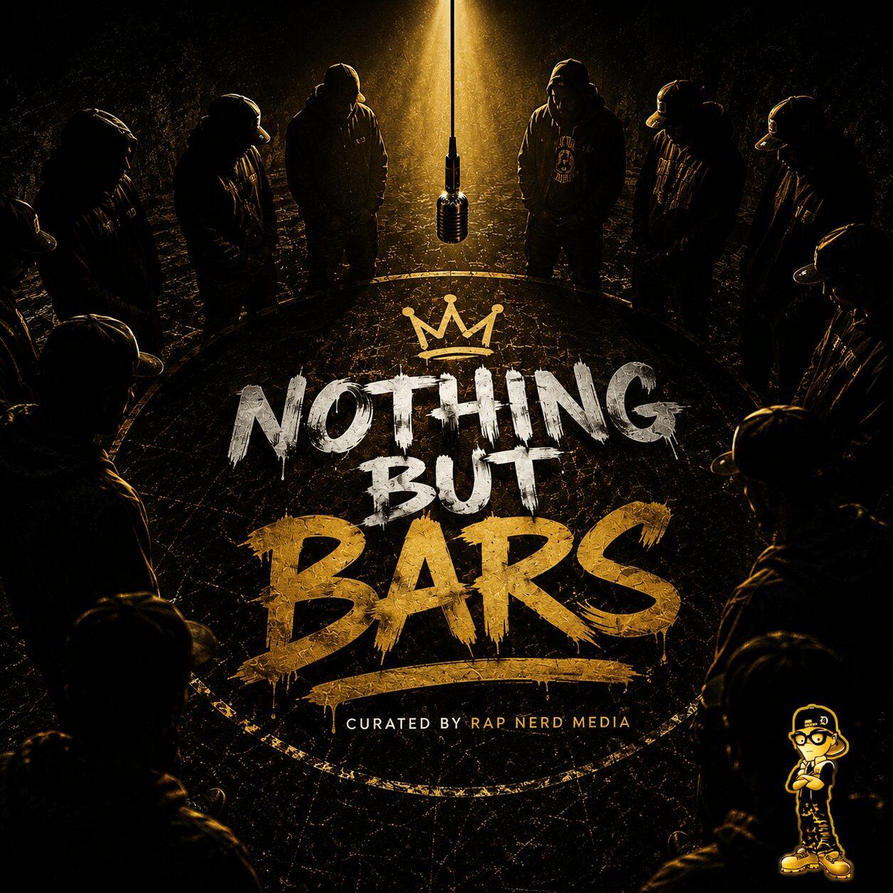 Group of people standing in a circle around a microphone, with text 'Nothing But Bars' and a crown symbol, dark background.