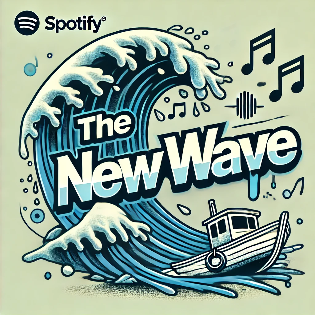 A large wave with a boat and musical notes, with Spotify logo and text 'The New Wave'.