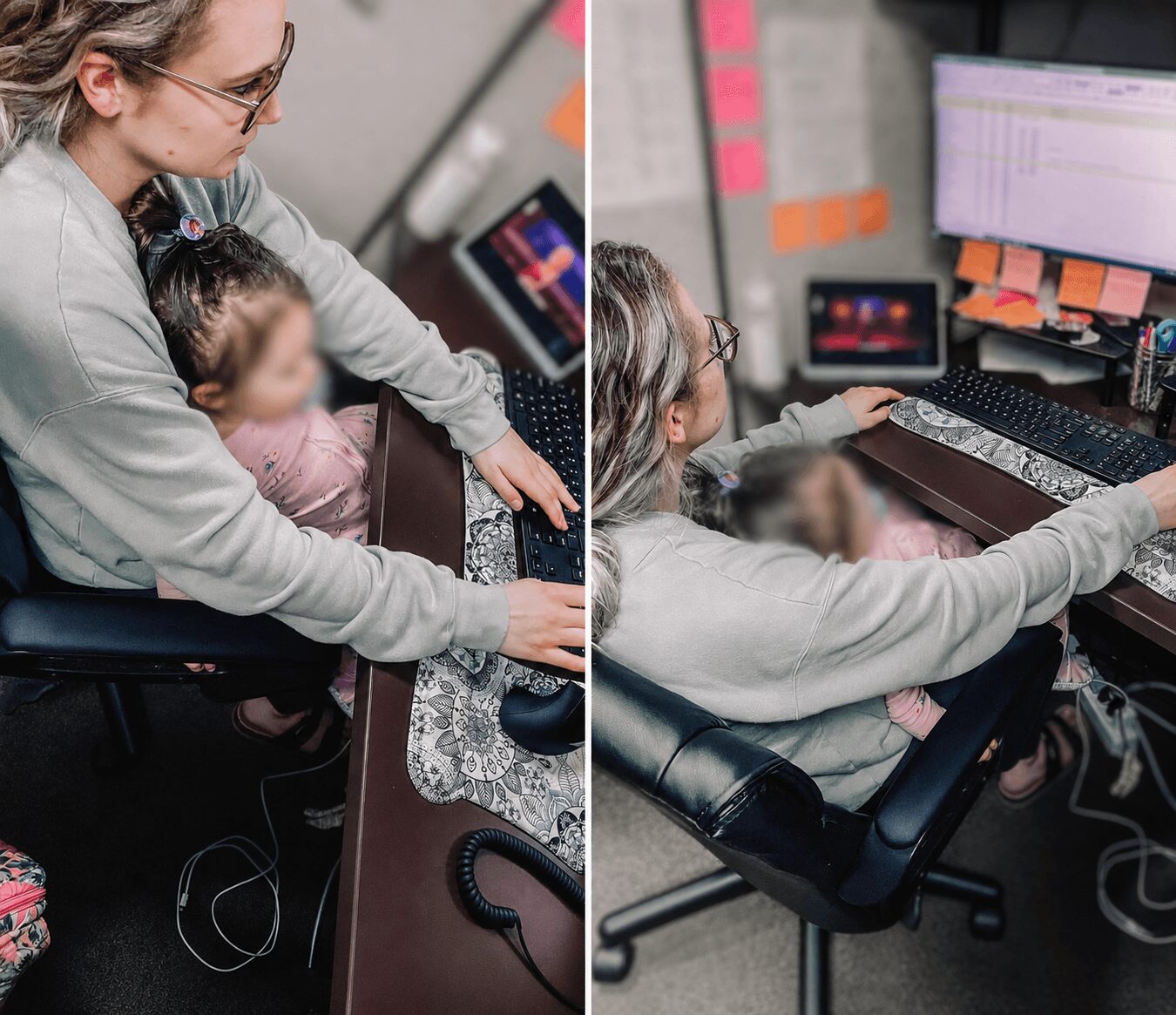 Woman and child at a desk with computer monitors, keyboard, and office supplies in a workspace.