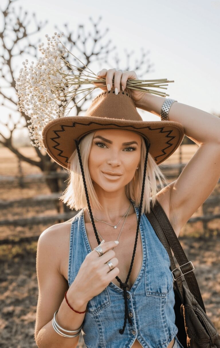 Young woman wearing a wide-brimmed hat and denim vest, holding a bouquet of flowers outdoors.