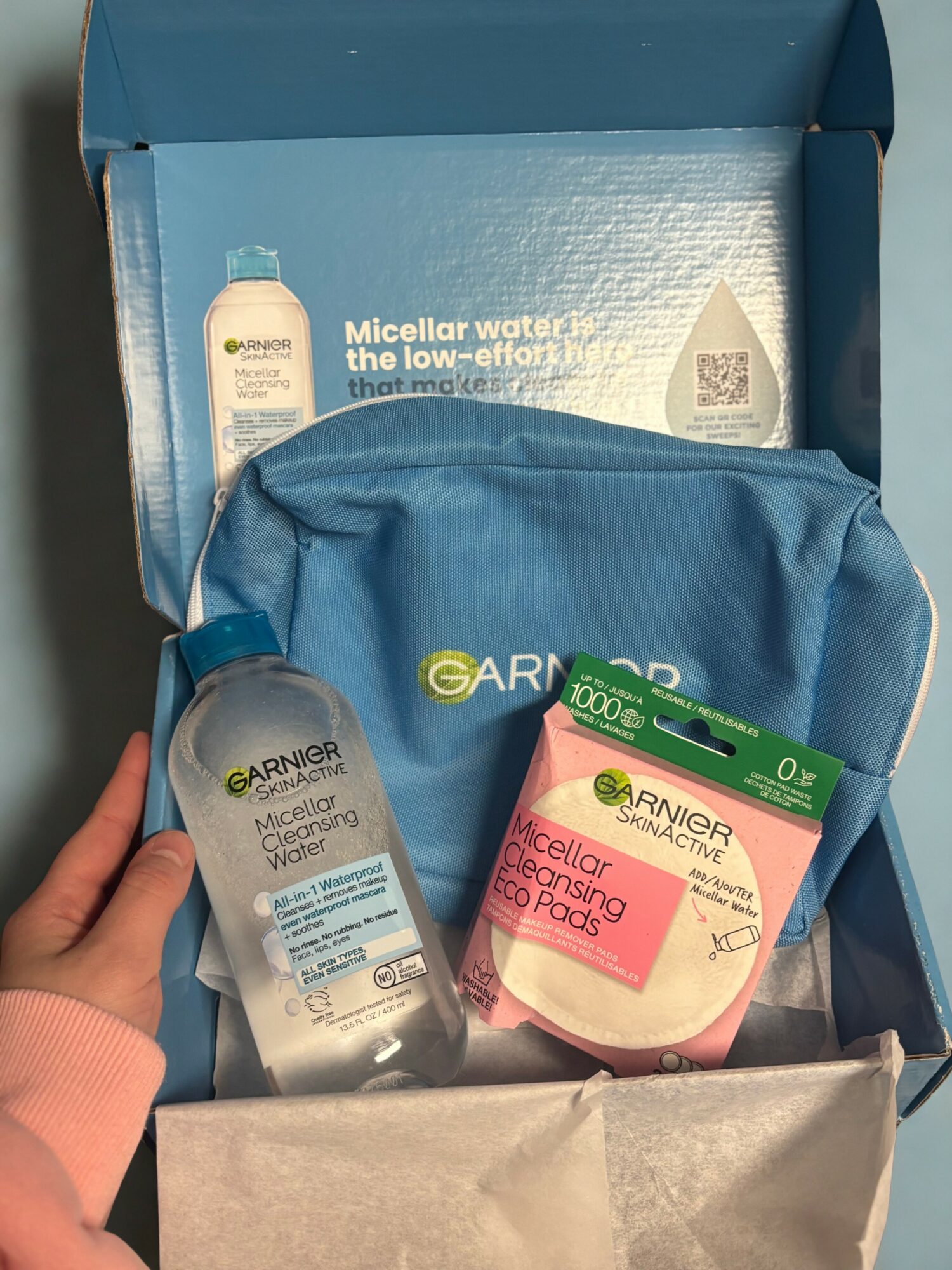 Open blue box containing a blue bag, a bottle of micellar water, and a package of facial cleansing wipes.