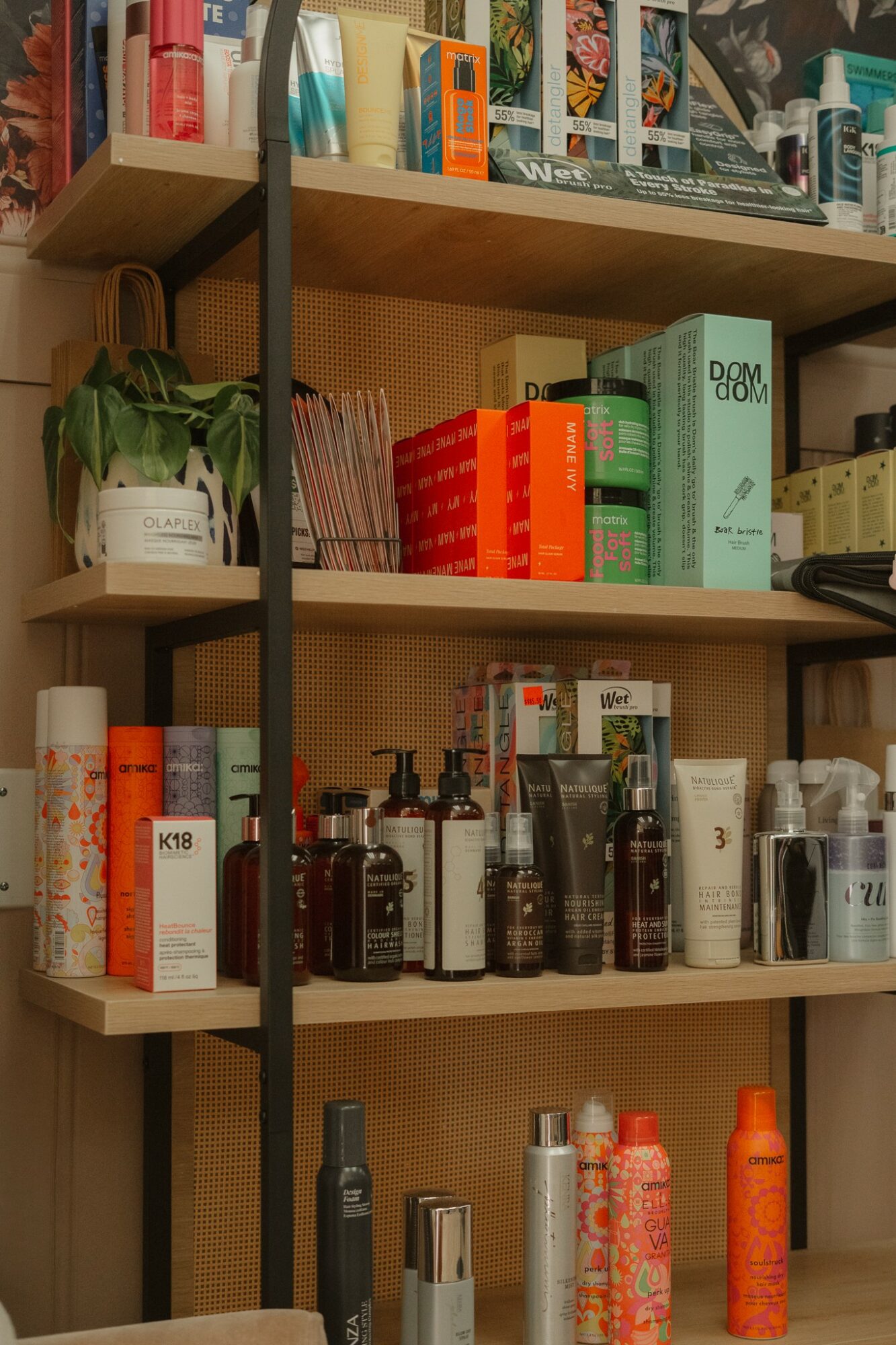 Shelves with various bottles, boxes, and a potted plant, organized on wooden and metal shelves.