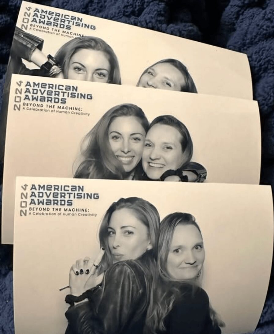 Four black-and-white photos of two women smiling and posing together, with text about the 2024 American Advertising Awards.