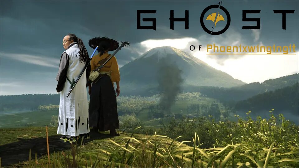Two people standing outdoors with mountains and clouds in the background, one in white and the other in yellow, carrying a large umbrella.