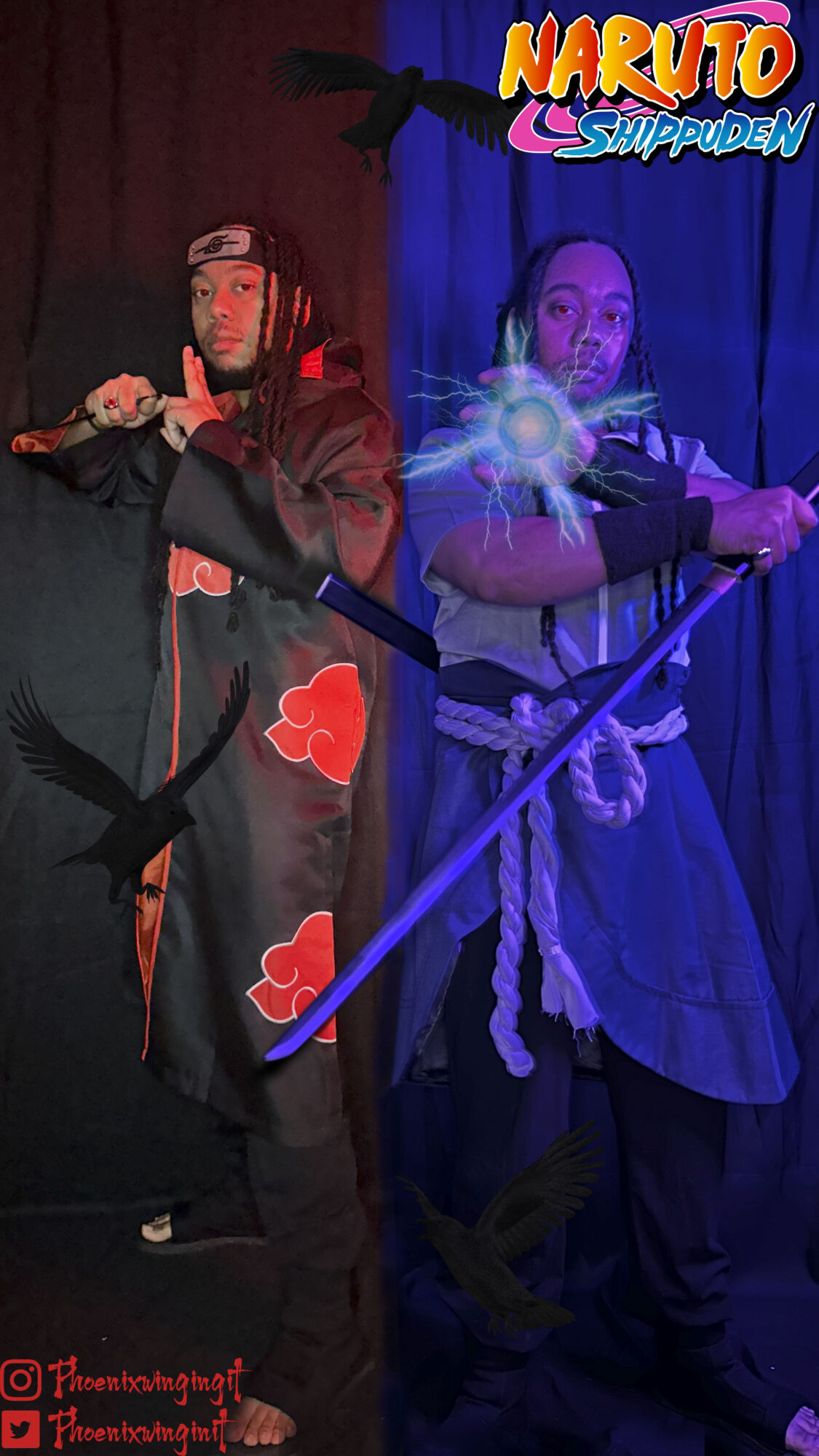 Two people in costumes pose with props on stage, one with a staff and glowing orb, the other with a sword, behind curtains.