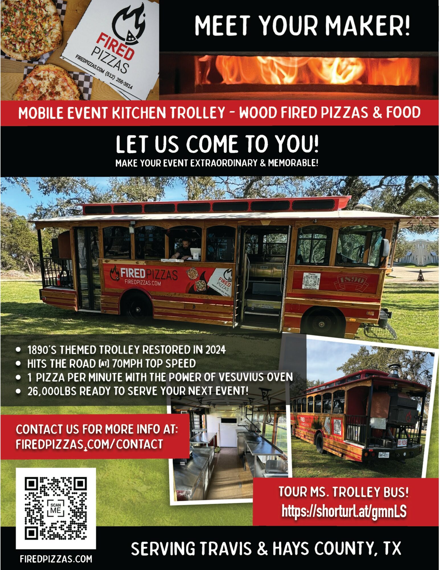 Event flyer for a mobile kitchen trolley with wood-fired pizzas, featuring images of the trolley, fire, and contact information.