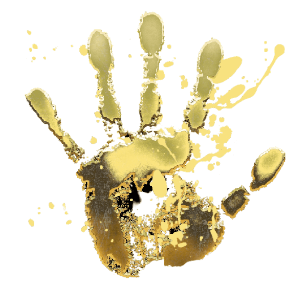 Gold-colored handprint on black background with splatters and smudges, detailed fingers and palm visible.