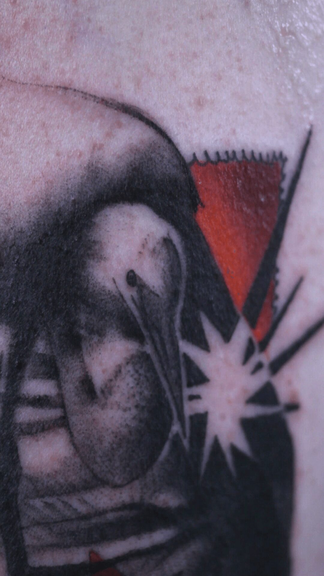Close-up of a tattoo featuring a bird, a star, and geometric shapes on skin.