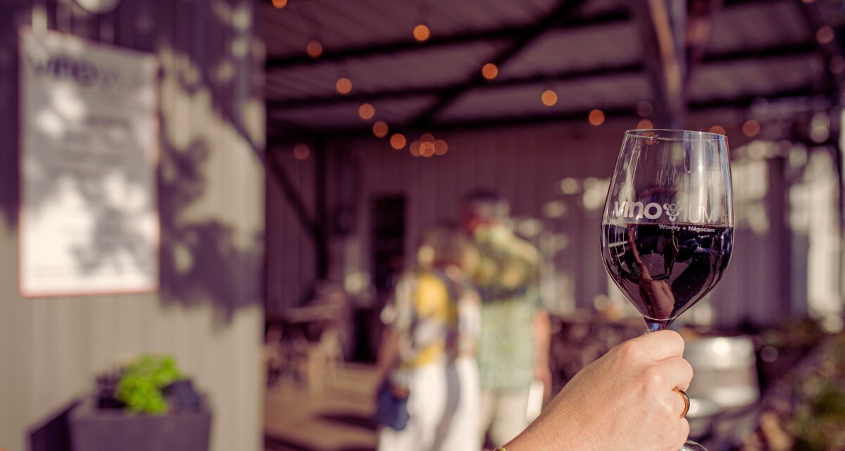 Person holding a glass of red wine outdoors with blurred background of people and string lights