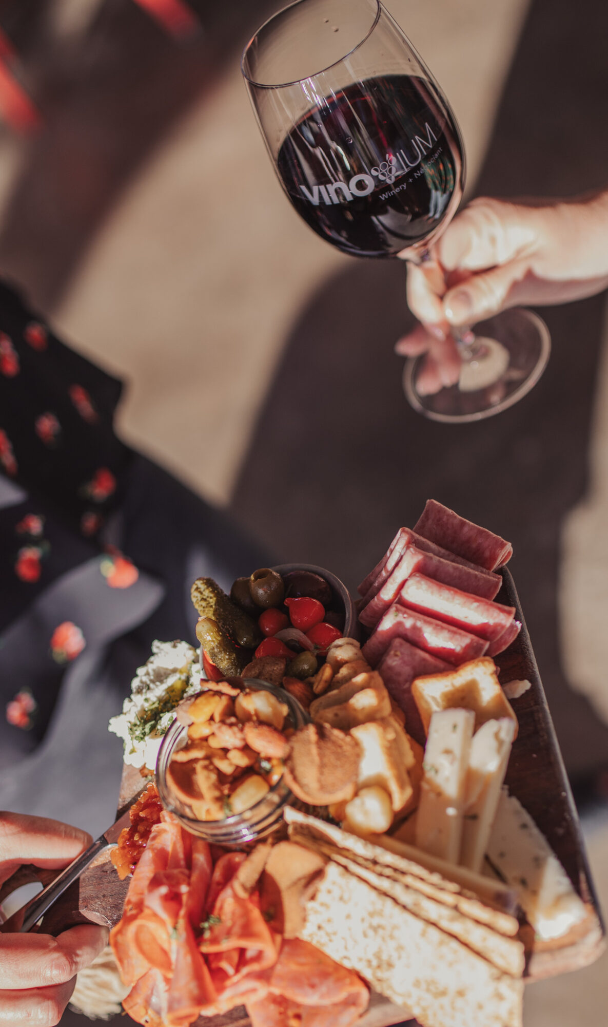 Person holding a glass of red wine above a cheese and charcuterie platter with various cheeses, meats, and grapes.