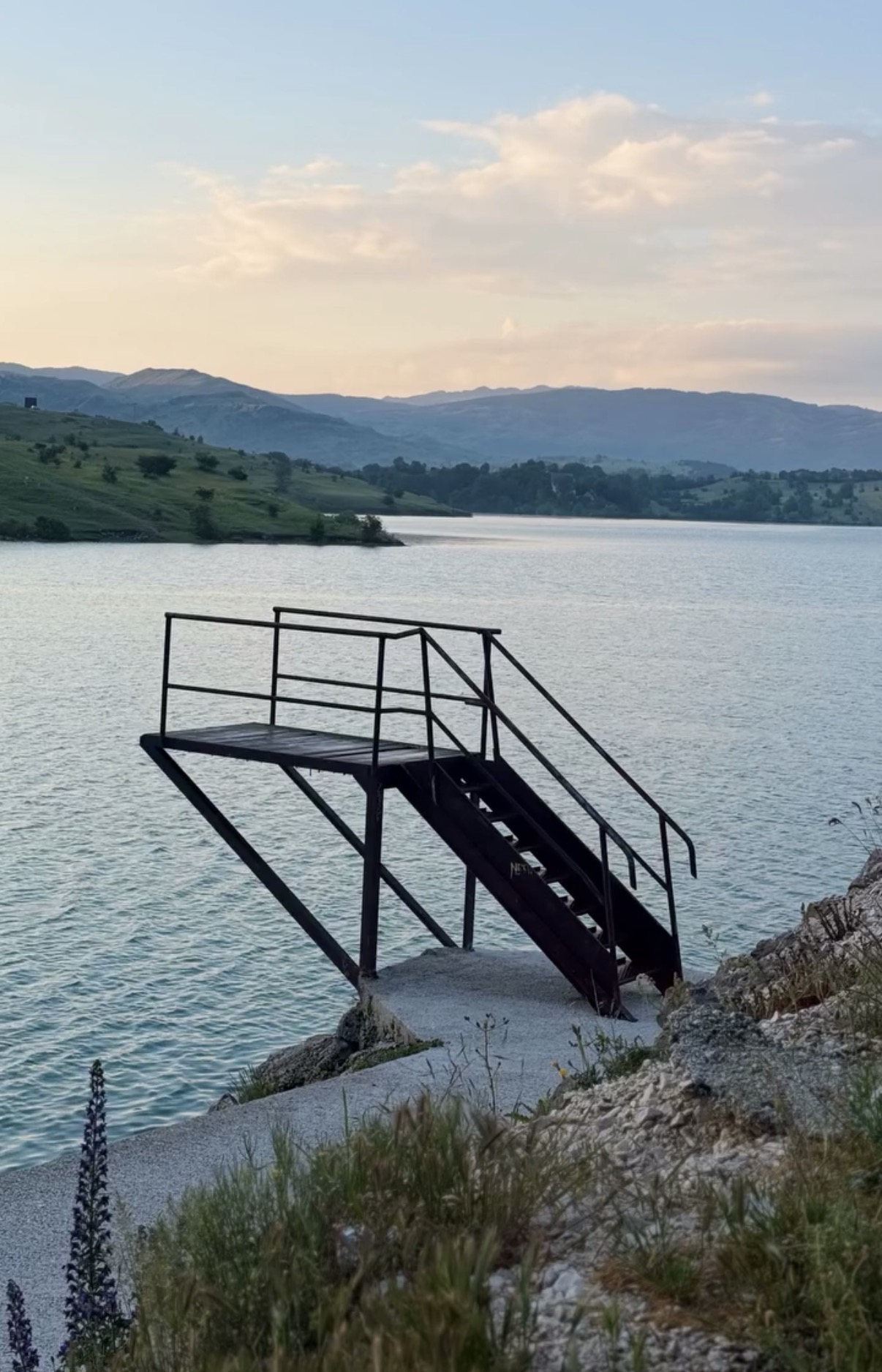 Ladder structure extending into water with hills and sky in background, near rocky shoreline.