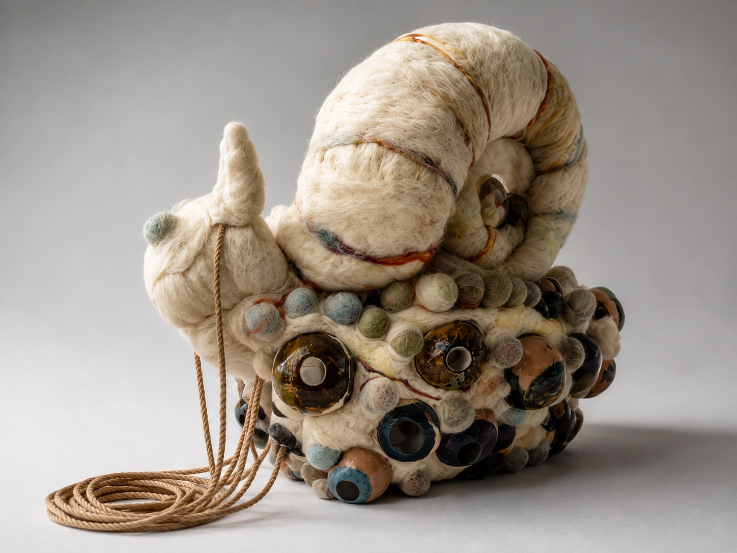 A plush snail with a coiled shell and a soft body, decorated with colorful beads and a string, on a plain background.