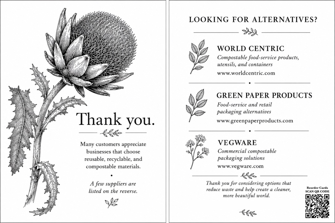 Thank you note with illustrations of a flower and a seed pod, expressing gratitude to customers, with product information and a QR code.