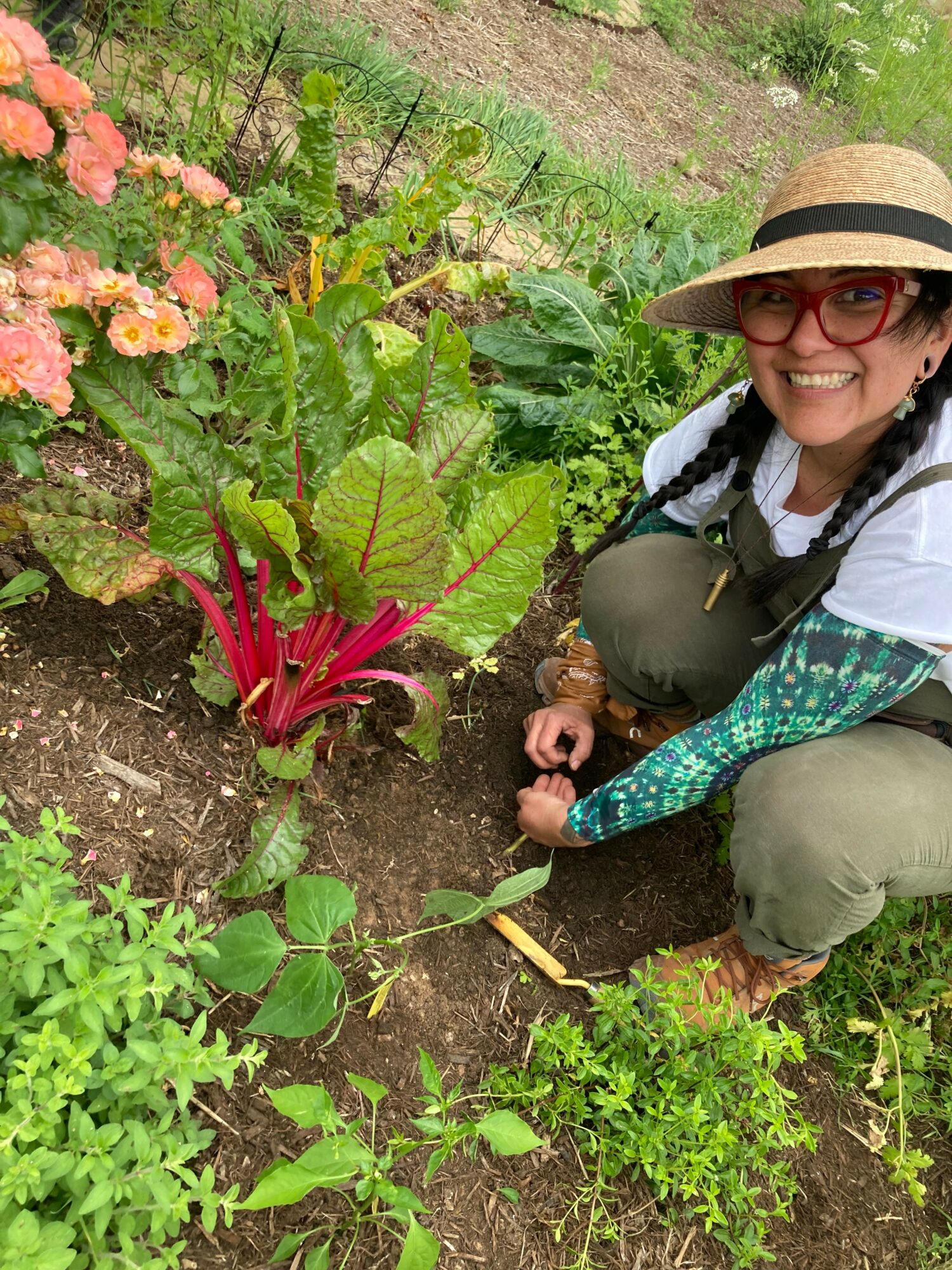 Smiling woman wearing a straw hat and glasses crouches next to a garden bed with colorful plants, including a large leafy plant with pink stems.