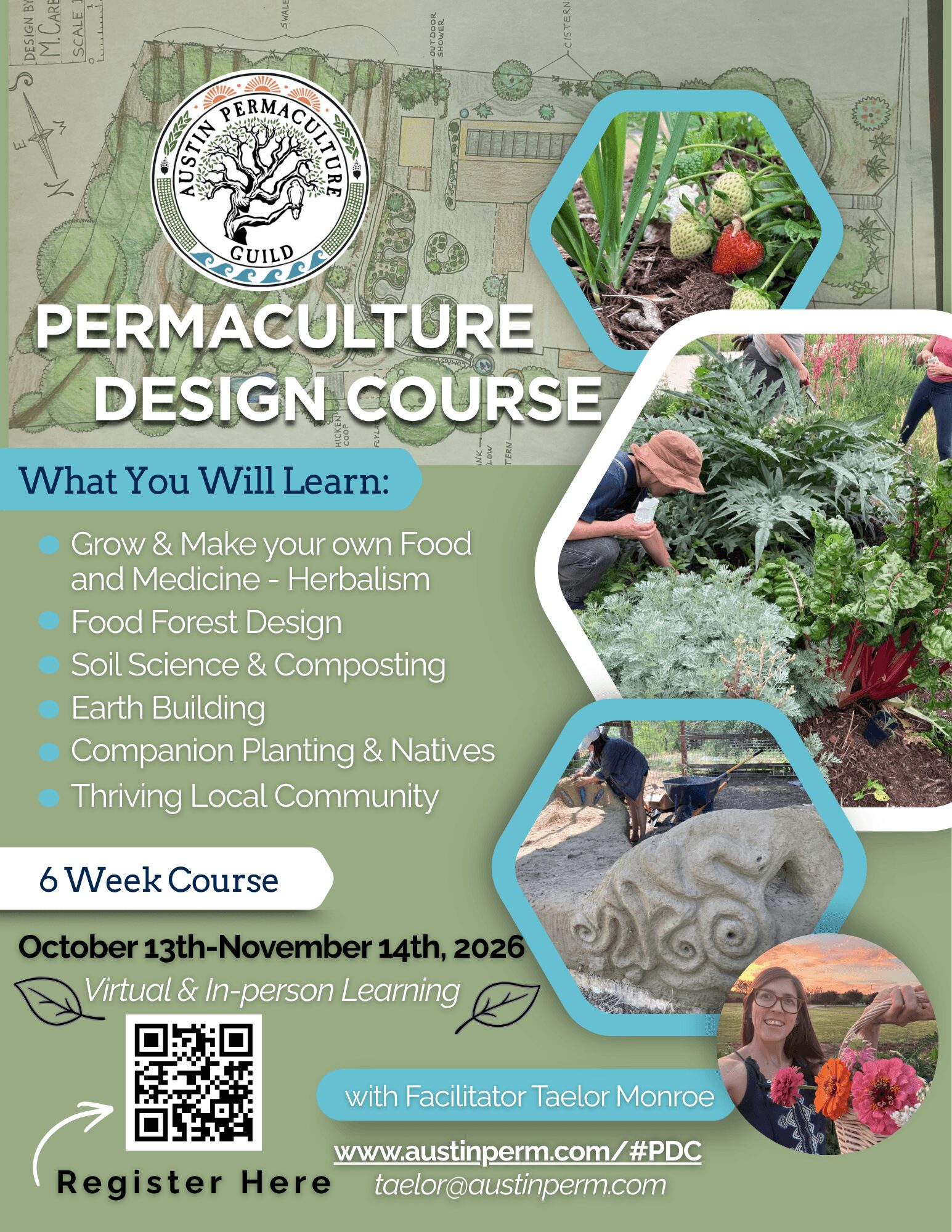 Poster for permaculture design course with images of people gardening and a bird, course details, dates, and registration info.