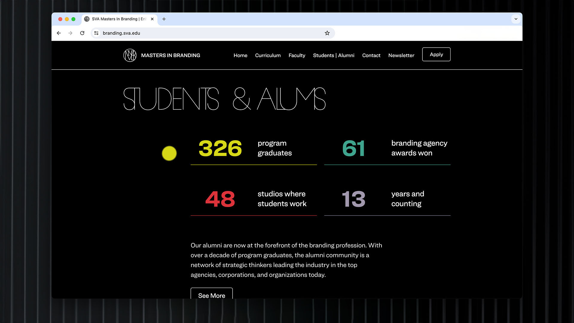 Black webpage with white text displaying student and alumni statistics, including numbers of graduates and awards, on a dark background.