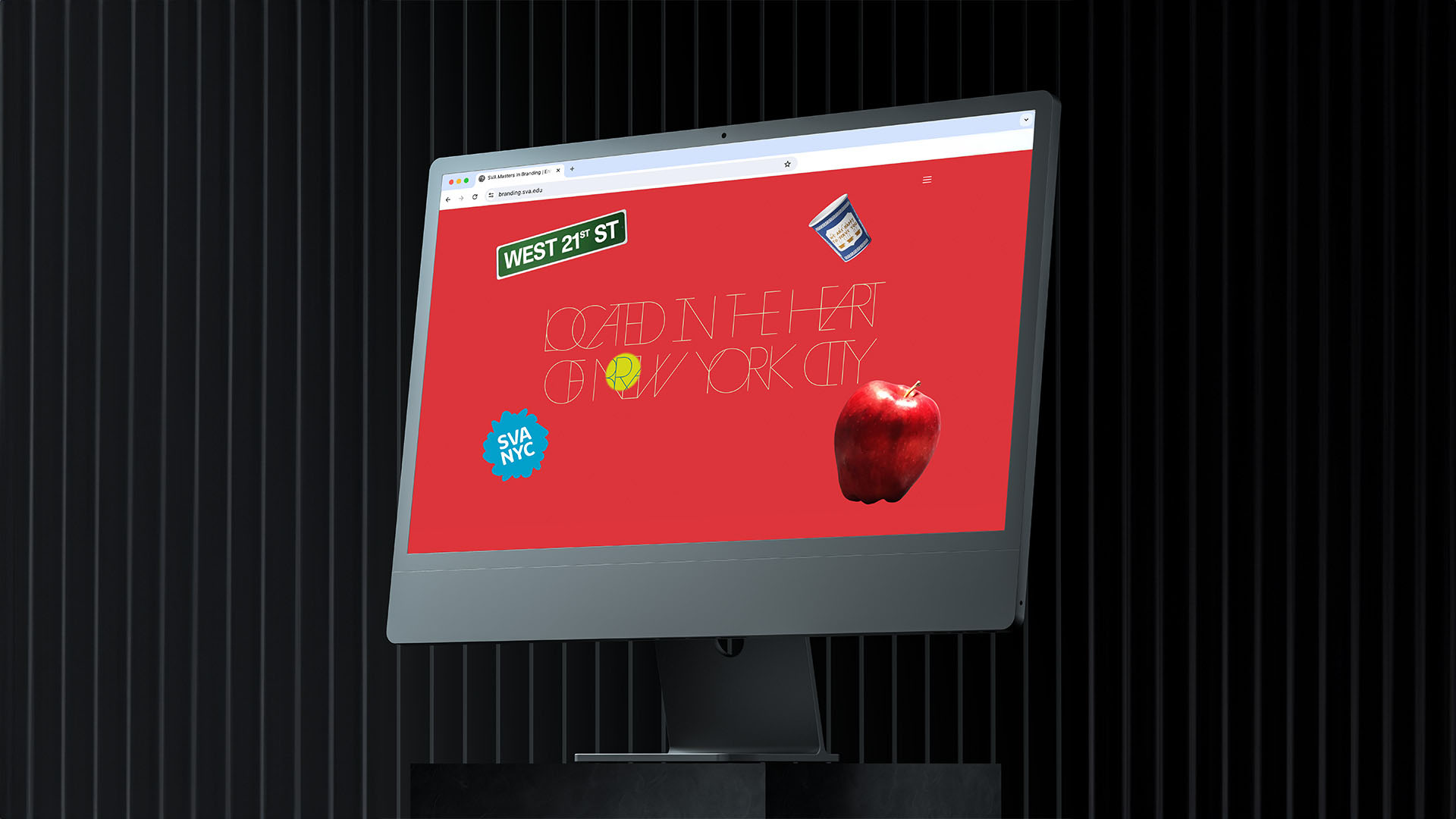 Digital screen displaying a red background with text and icons, including an apple and a blue sticker, on a black background.