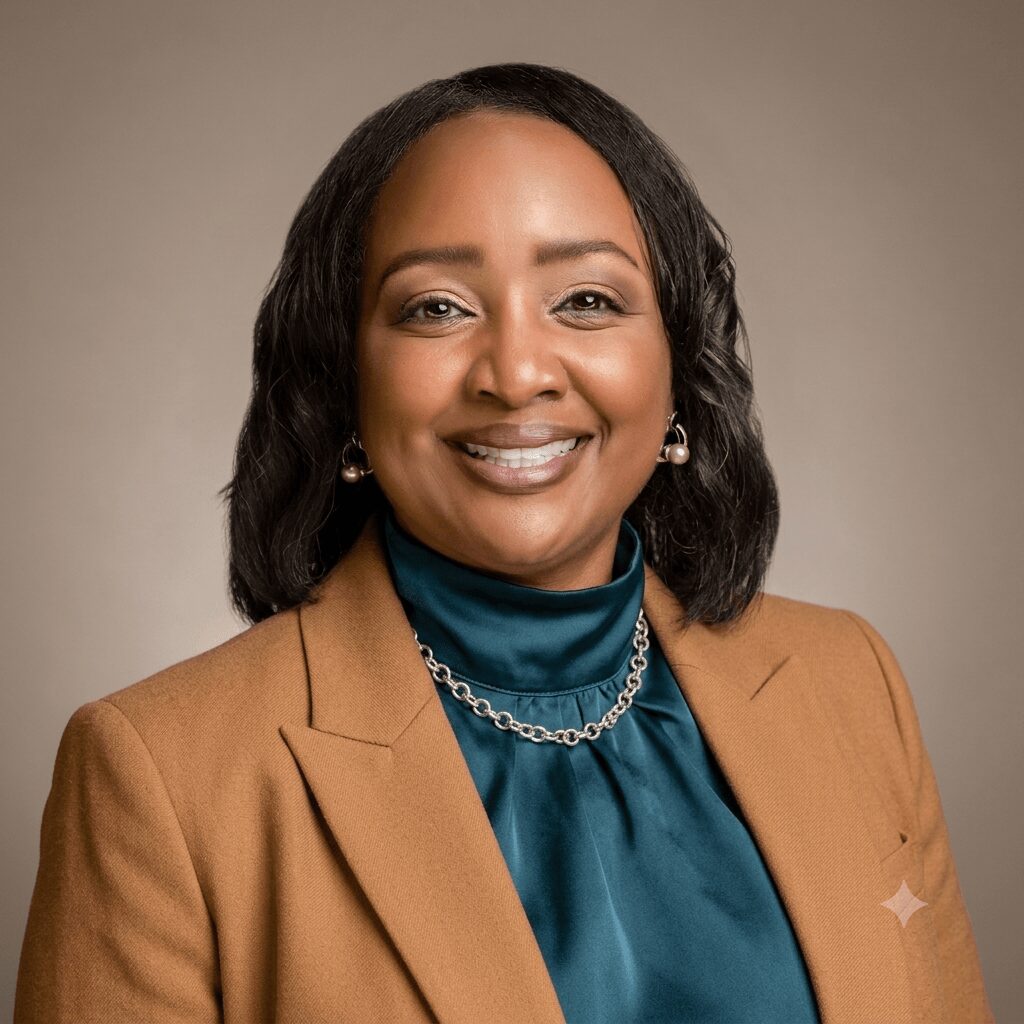 Portrait of a smiling woman with shoulder-length wavy hair, wearing a tan blazer, teal turtleneck, and jewelry.