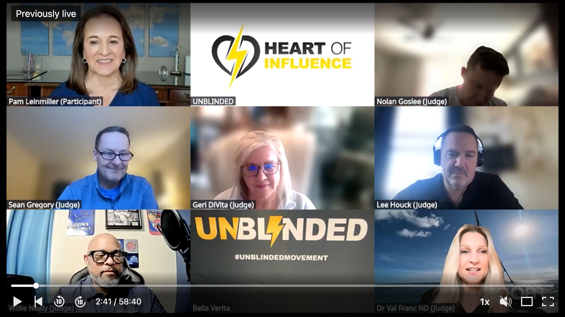 Screenshot of a virtual panel with seven participants, logos, and text, including 'Heart of Influence' and 'Unblinded'.