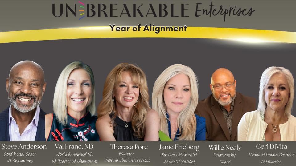 Group of six diverse professionals standing together, smiling, with a banner reading 'Unbreakable Enterprises' and 'Year of Alignment'.