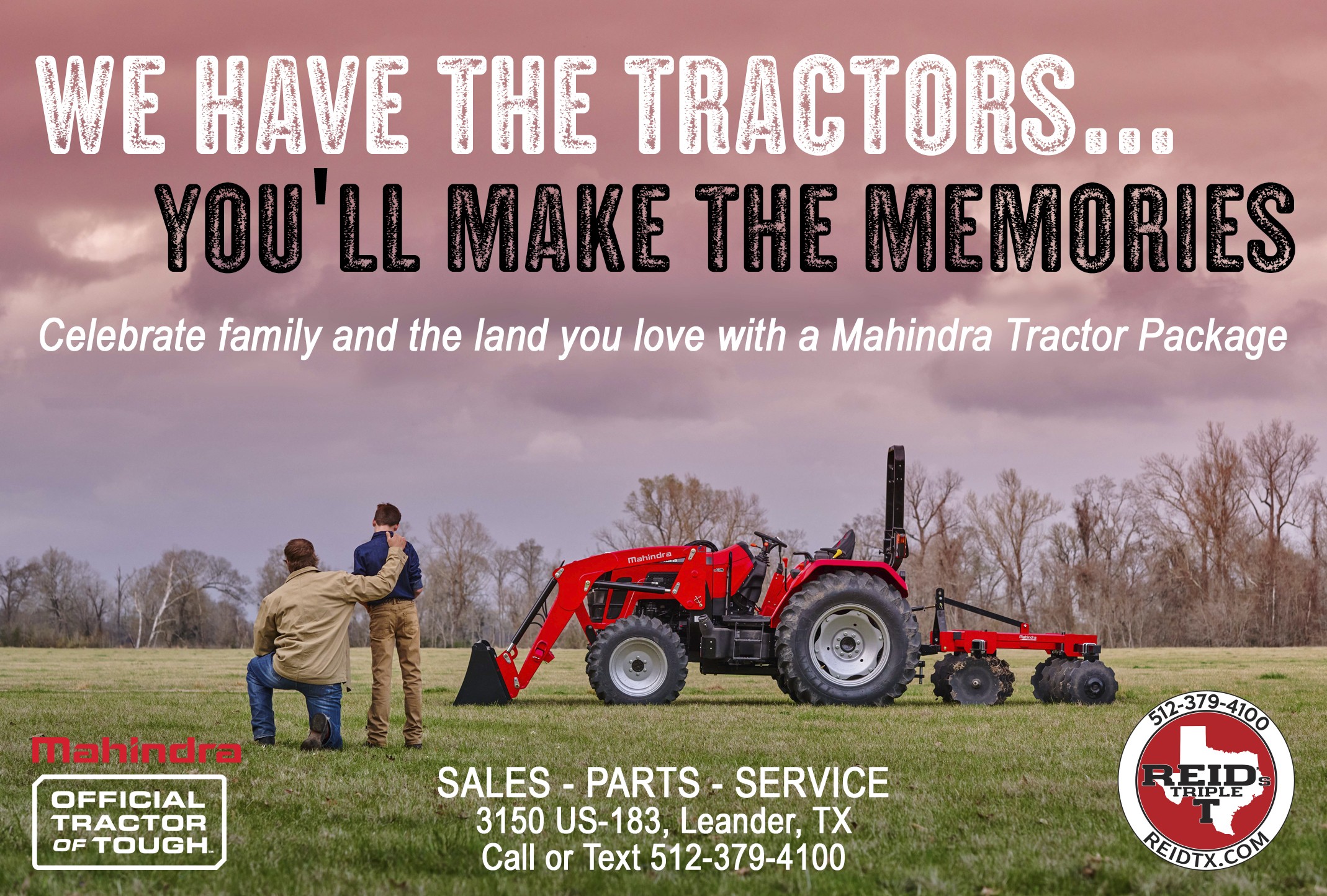 Three people stand near a red tractor on a grassy field with trees in the background, under a cloudy sky.