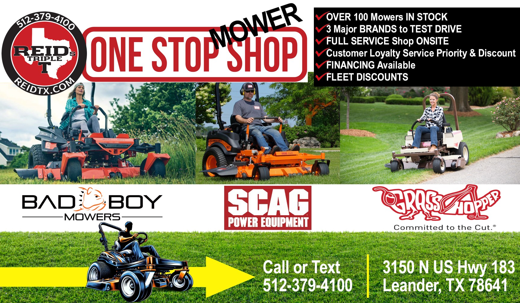 Advertisement for lawn mowers and power equipment, showing people using riding mowers and a motorcycle, with contact information and logos.