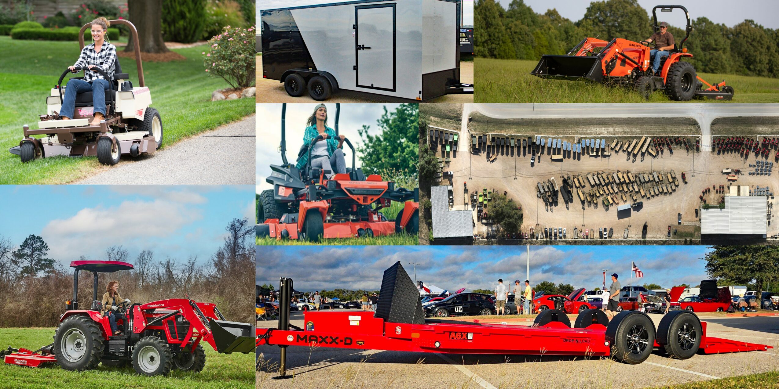 Collection of various outdoor equipment and machinery, including lawn mowers, trailers, tractors, and a red race car, outdoors.