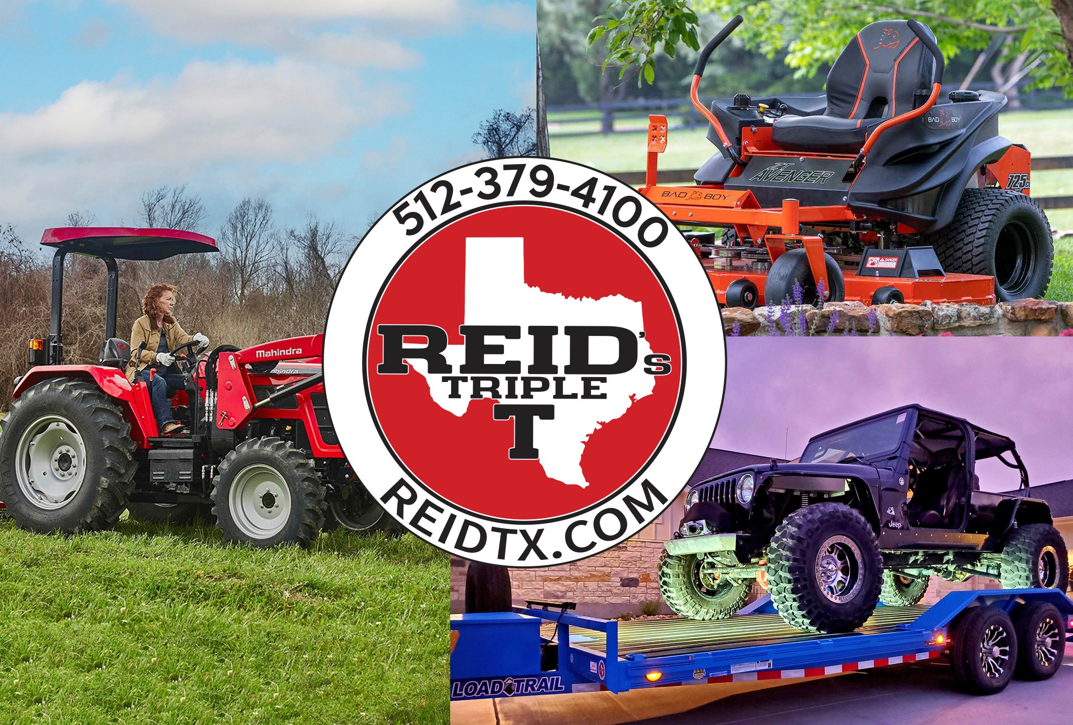 Three off-road vehicles and a tractor outdoors with a logo in the center. The logo has a red Texas shape, text, and contact info.