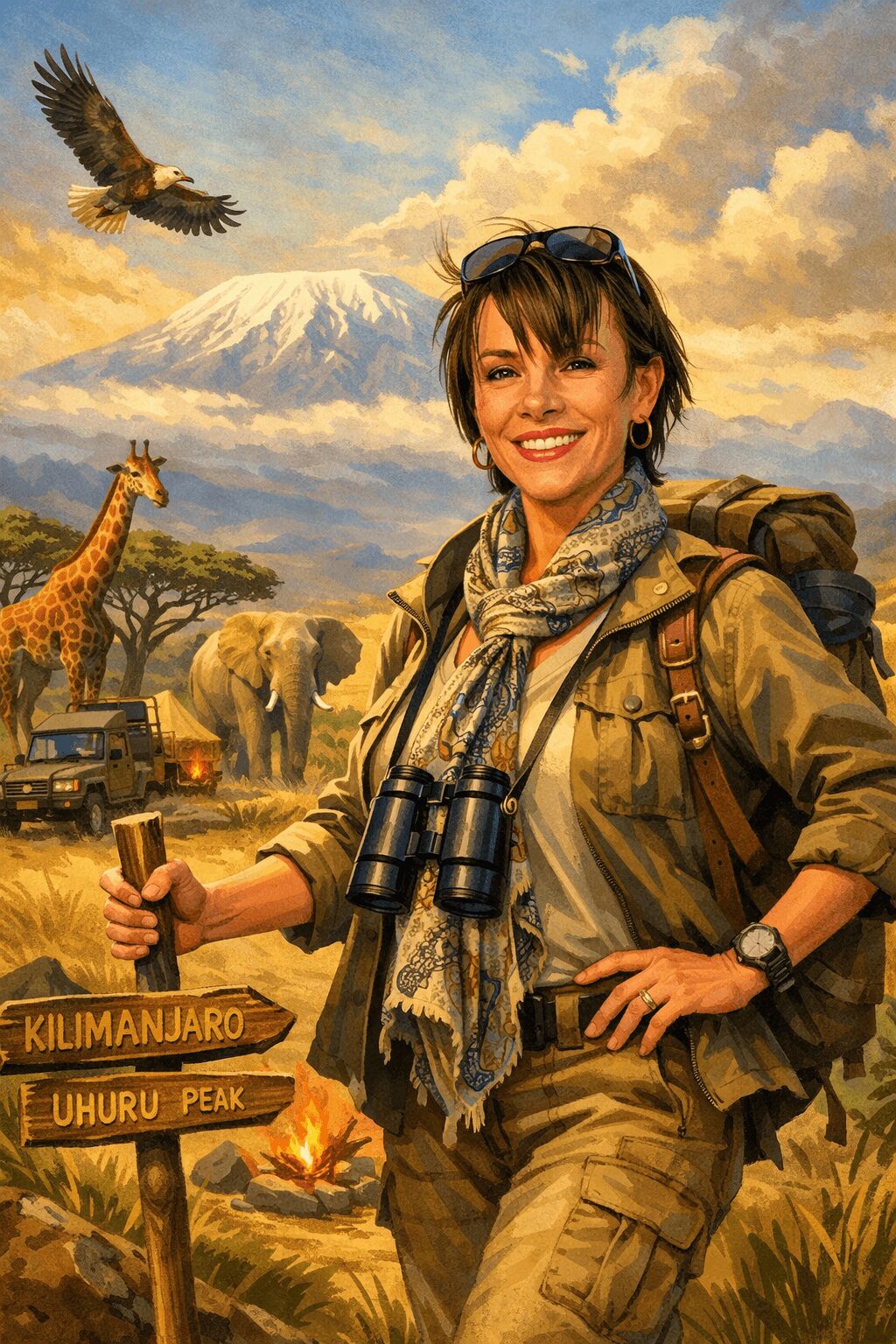 Woman in safari gear with binoculars, surrounded by wildlife and Mount Kilimanjaro in background.