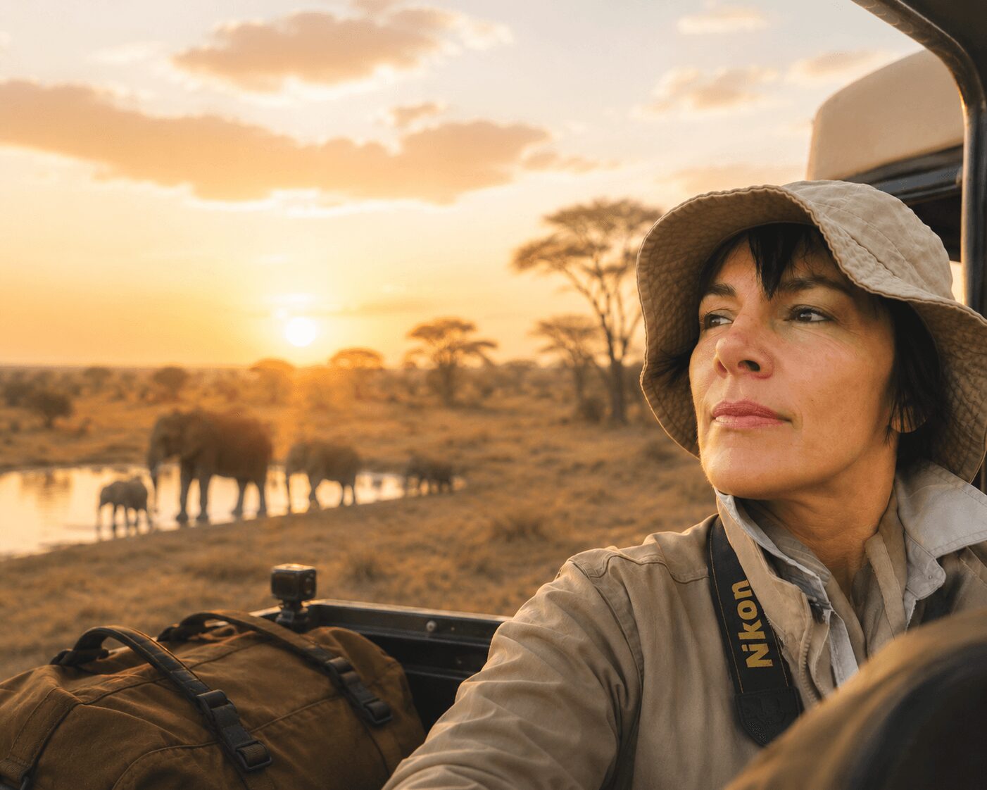 Woman in safari hat looking out window at sunset over African landscape with elephants in distance.
