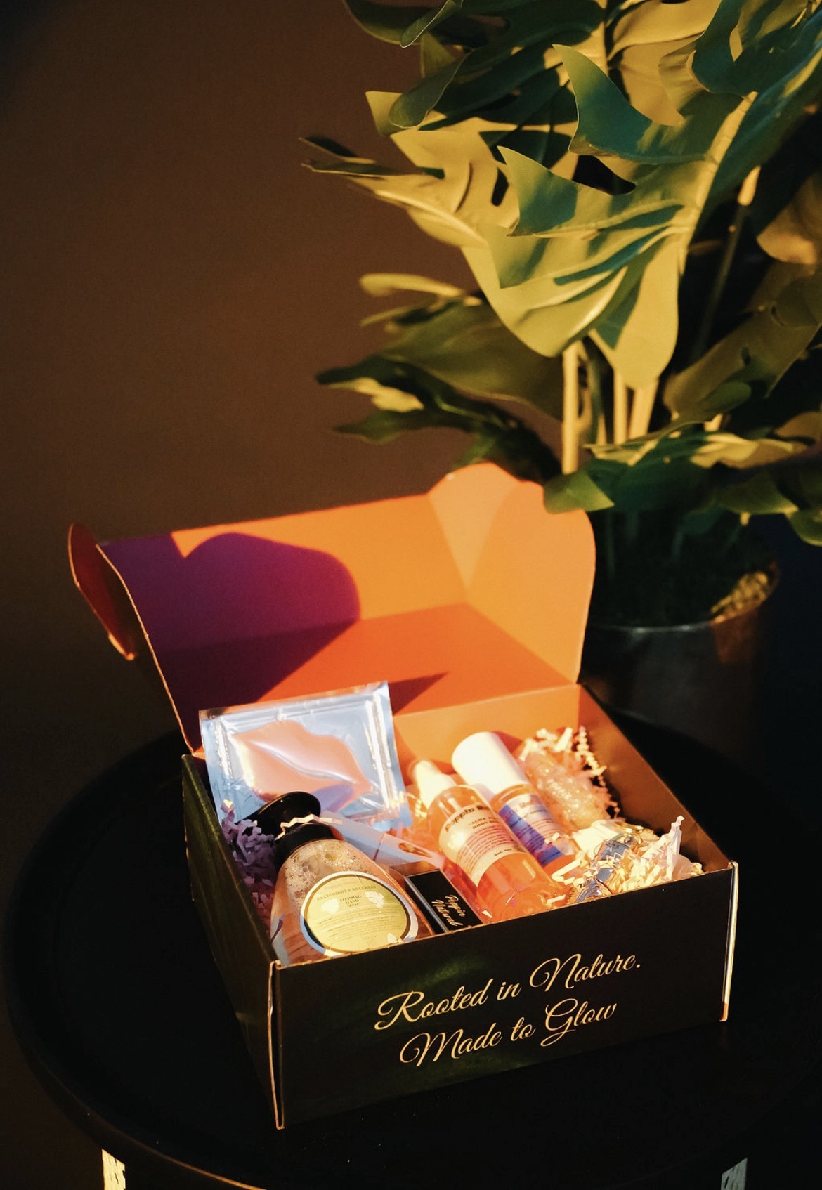 Open black box with skincare products and a plant in background, on a dark surface.