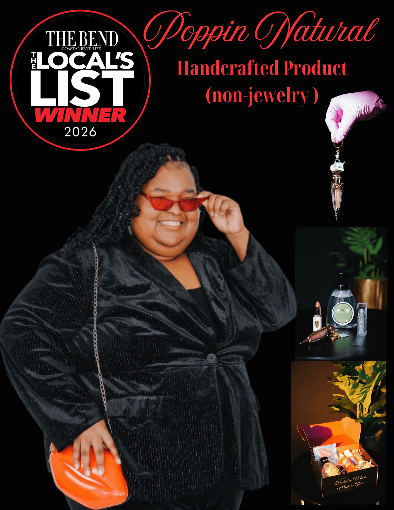 Smiling woman with curly hair and red glasses, holding an orange purse, against a black background with product images and text.